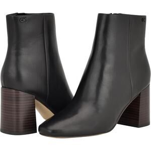 Calvin Klein KCBROMA Black Leather Ankle Boots Women’s 7M Block Heel Side Zip